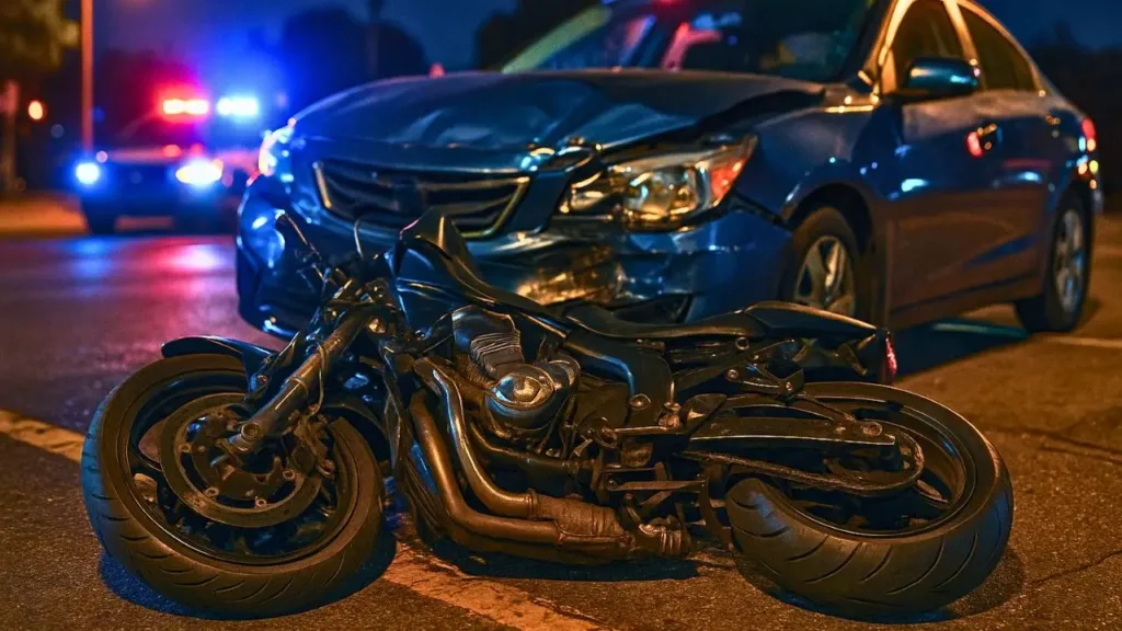 A scene of a motorcycle and car accident at night