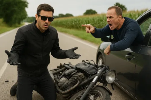 The driver of a car that hit a motorcyclist blames the rider for the accident at the scene