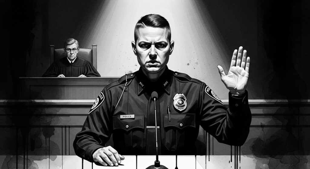 A black and white illustration of a police officer testifying in court