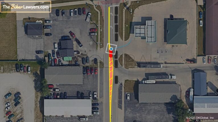 Overhead visuals showing how one driver was at fault for ignoring the painted lines in the road and crashing into a motorcyclist
