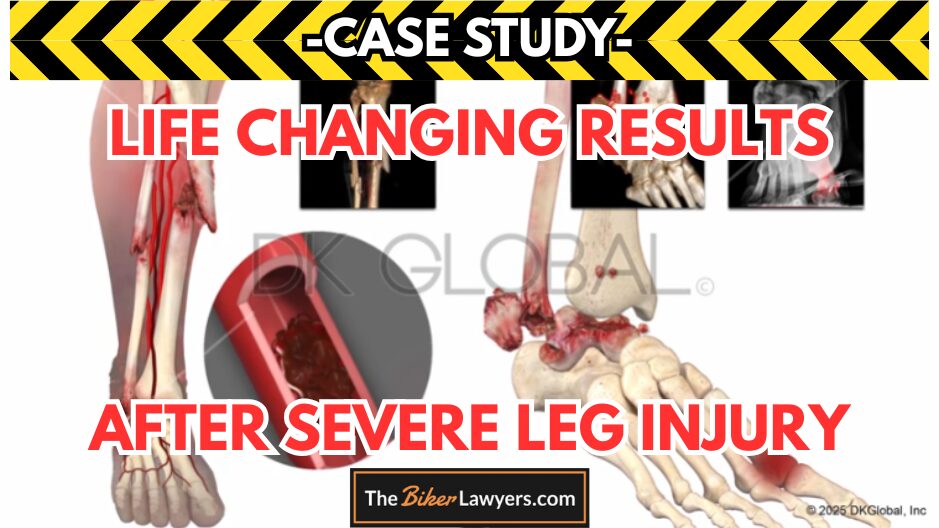 Medical case study banner showing a DK Global illustration of a severe leg injury from a motorcycle crash. Text reads “Case Study: Life-Changing Results After Severe Leg Injury” by The Biker Lawyers.
