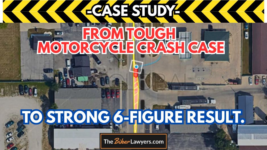 Overhead view of a Cedar Rapids crash scene showing the path of a motorcycle collision. Text reads “Case Study: From Tough Motorcycle Crash Case to Strong 6-Figure Result” by The Biker Lawyers.