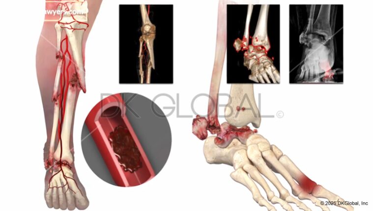 Medical visual by DK Global illustrating compound tibia-fibula fractures and near-amputation ankle trauma from a motorcycle crash case handled by The Biker Lawyers.