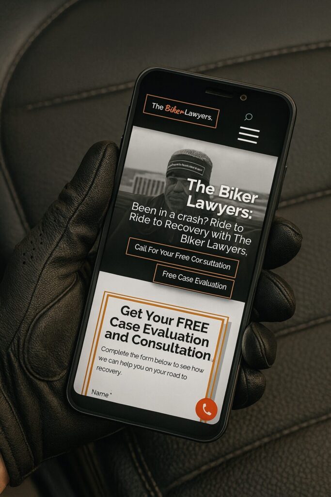 A gloved hand representing a motorcyclist holds a cell phone. On the screen is The Biker Lawyers Motorcycle Injury Law Firm's website.