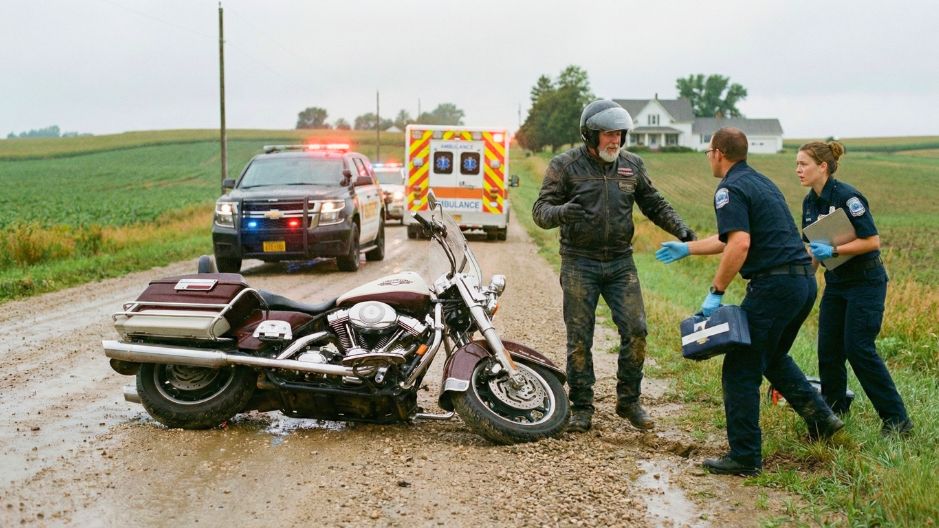 A rider insists he is okay and refuses medical attention after a motorcycle accident on a rural Iowa road