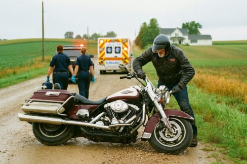 A motorcycle rider tries to pick up his bike to ride home after a crash