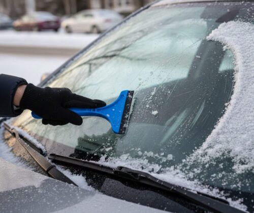 A person scrapes a windshield free of snow