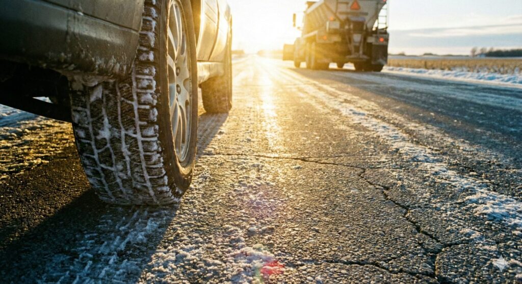 Road Level shot of driving on an Iowa Highway in the winter