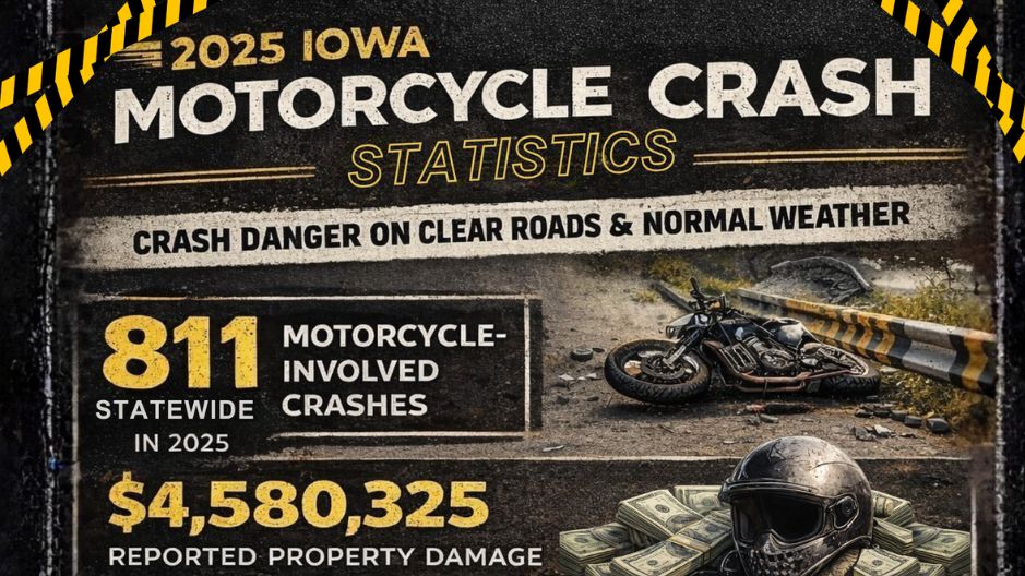 Infographic of 2025 Iowa motorcycle crash statistics showing when and why motorcycle crashes happen statewide.