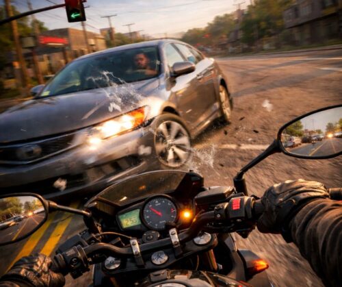Motorcycle rider approaching an intersection is struck by an oncoming car turning left across the rider’s path, illustrating a common lethal left motorcycle crash.