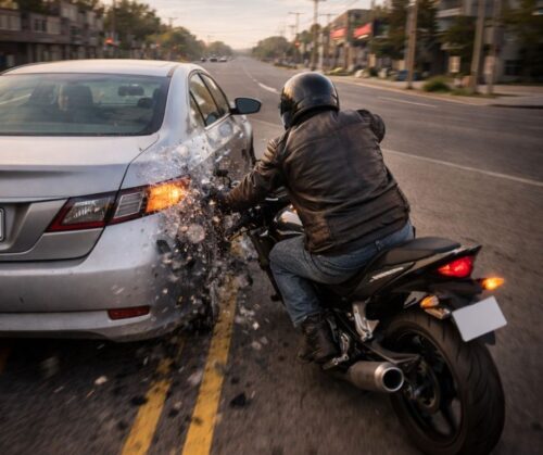Motorcycle rider beginning a left turn is struck on the left side by a car passing from behind on a two-lane road, illustrating an unsafe left-side pass known as the lethal left.
