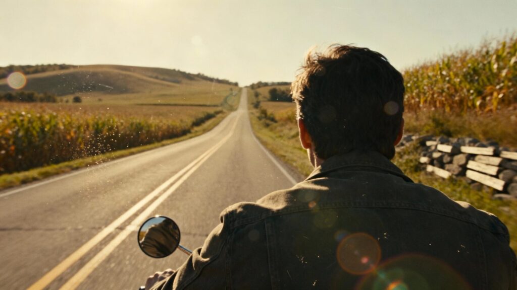 Motorcyclist riding on a rural Iowa road during clear summer weather.