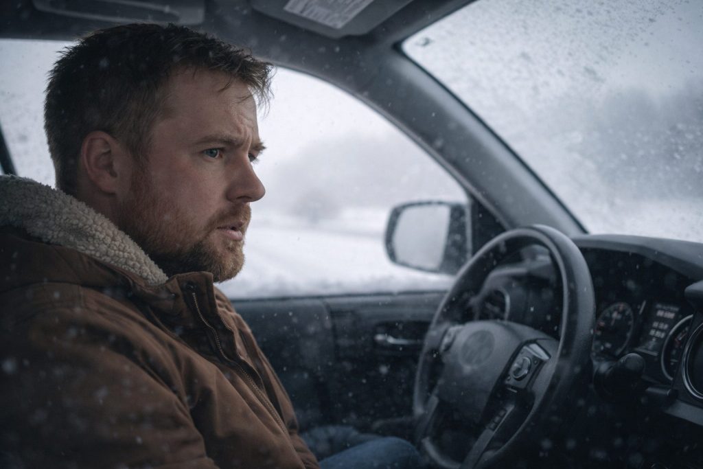 Driver sitting inside a parked vehicle during an Iowa winter snowstorm, looking concerned after a crash, with snow covering the windows and dashboard lights visible.