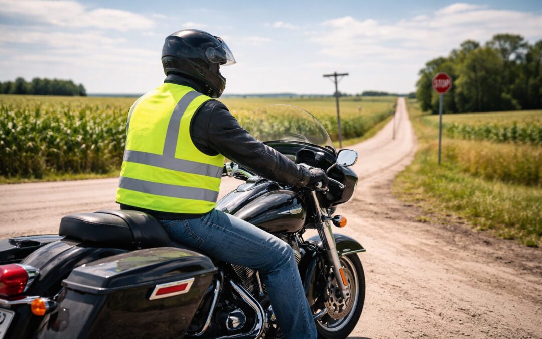Midwestern motorcyclist stopped at a rural intersection during the workday, illustrating how everyday rides can raise insurance and coverage questions after a crash in Iowa.