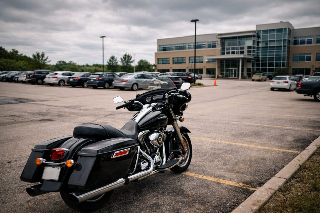 Motorcycle parked in a workplace parking lot during the workday, illustrating legal questions about personal errands and work-related travel in Iowa.