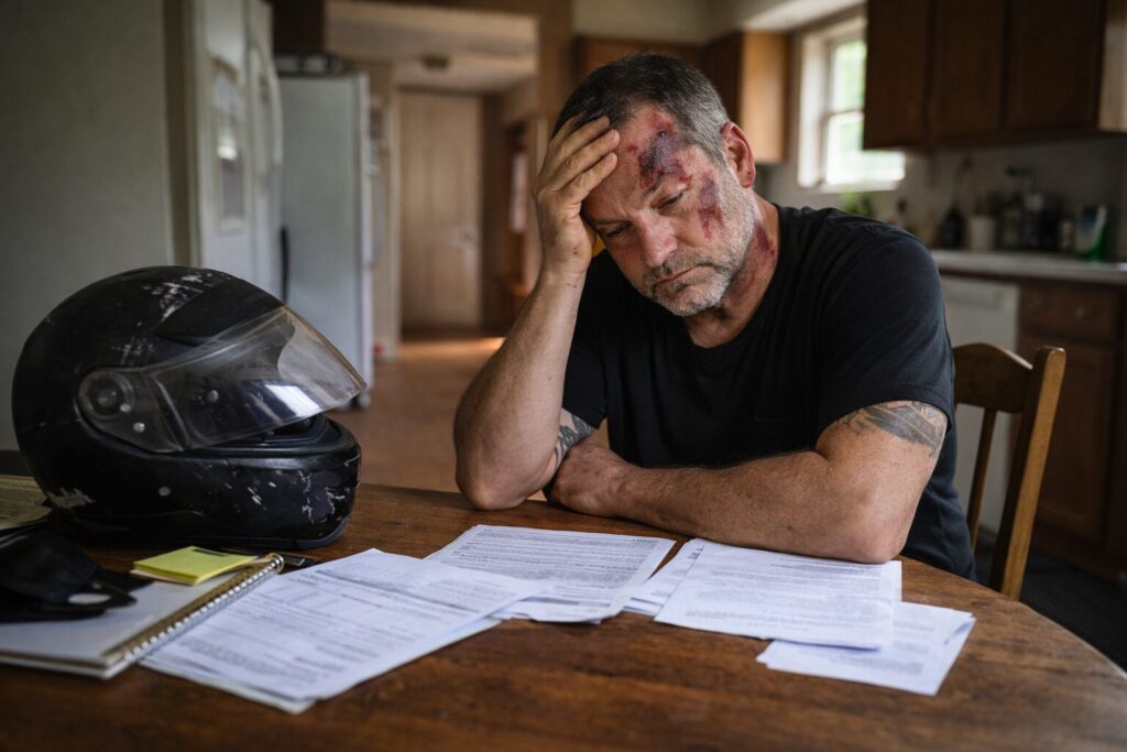Injured motorcyclist sitting at a kitchen table with paperwork and helmet nearby, showing the stress riders face after a motorcycle crash and insurance denial.