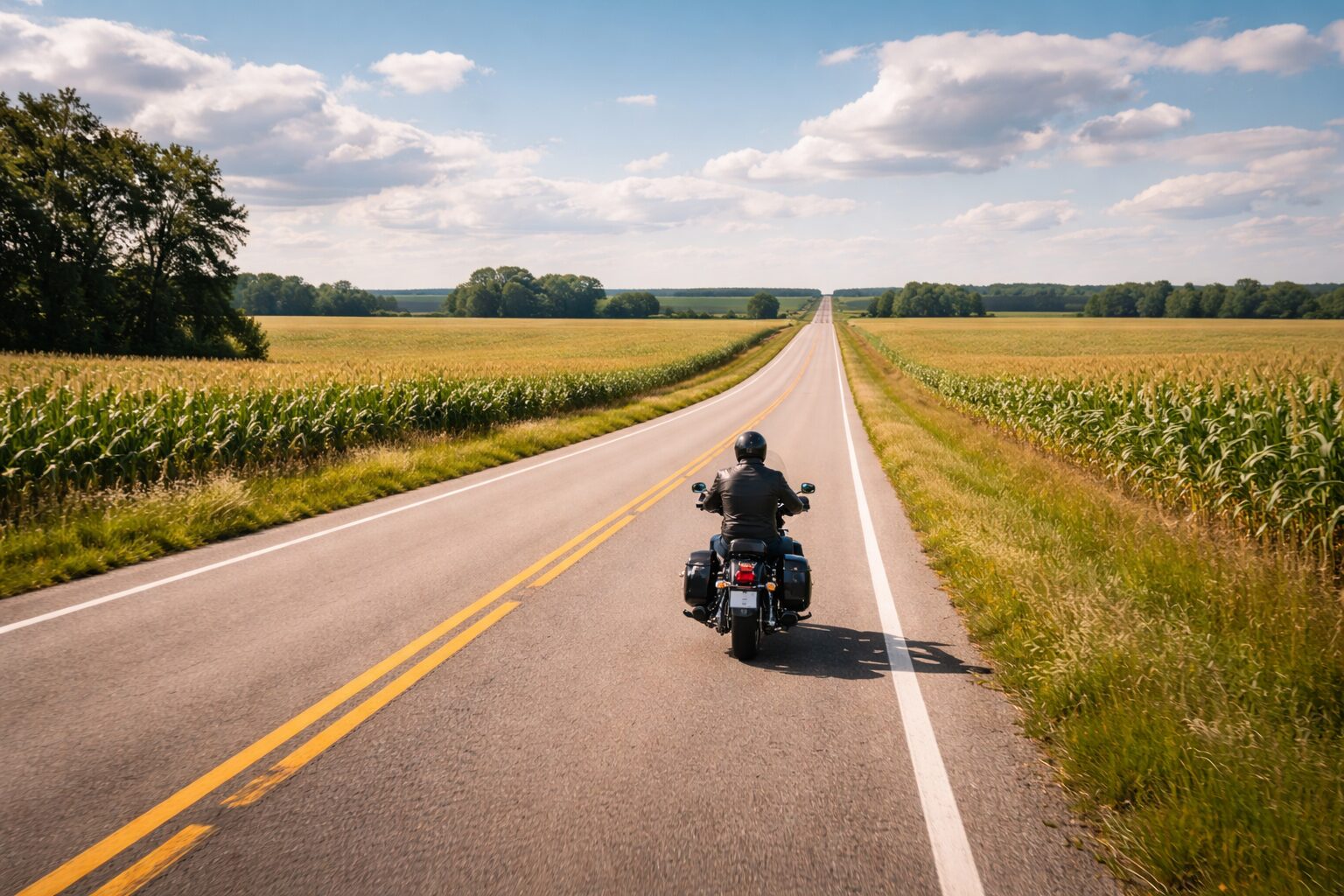 Motorcyclist riding on a rural Iowa highway past cornfields on a summer day, representing everyday riding conditions across Iowa.