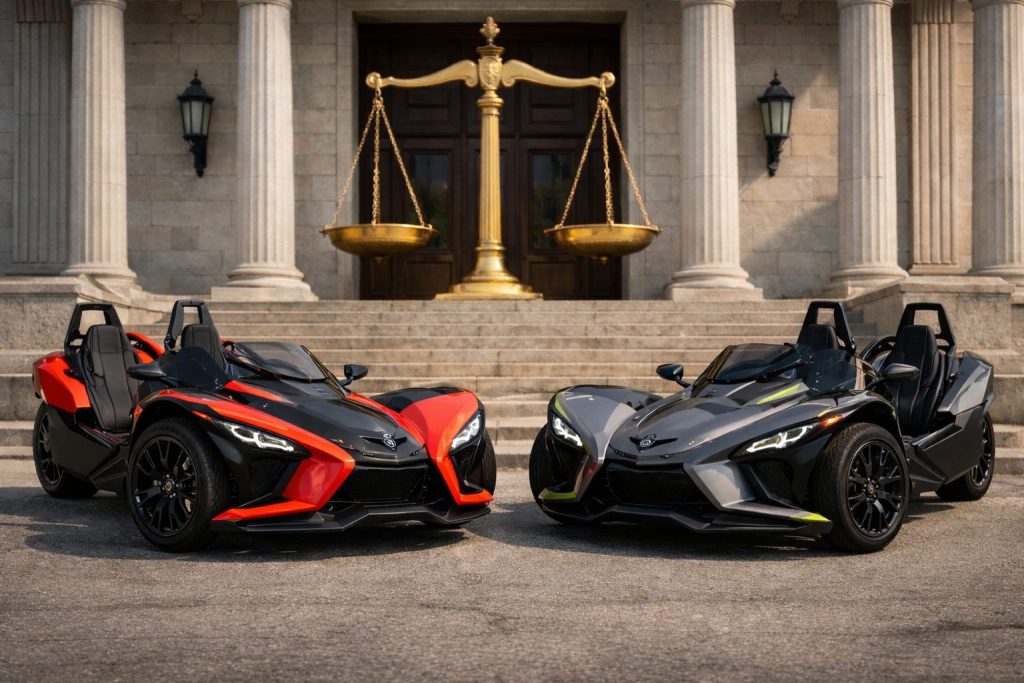Two Polaris Slingshot-style autocycles—one red and black, one gray and black—parked side by side in front of a courthouse with large columns and a gold set of justice scales centered on the steps behind them.