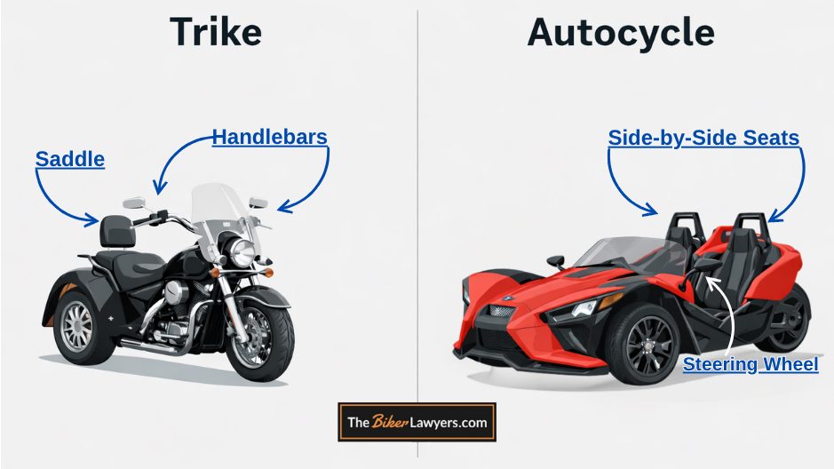 Side-by-side comparison graphic showing a black trike on the left under the title “Trike” and a red autocycle on the right under the title “Autocycle” on a light gray background, with The Biker Lawyers logo centered at the bottom.