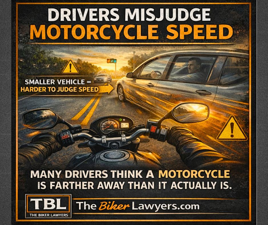 Motorcyclist’s view of a car turning across the road at sunset with text explaining that drivers often misjudge motorcycle speed and think motorcycles are farther away than they are.