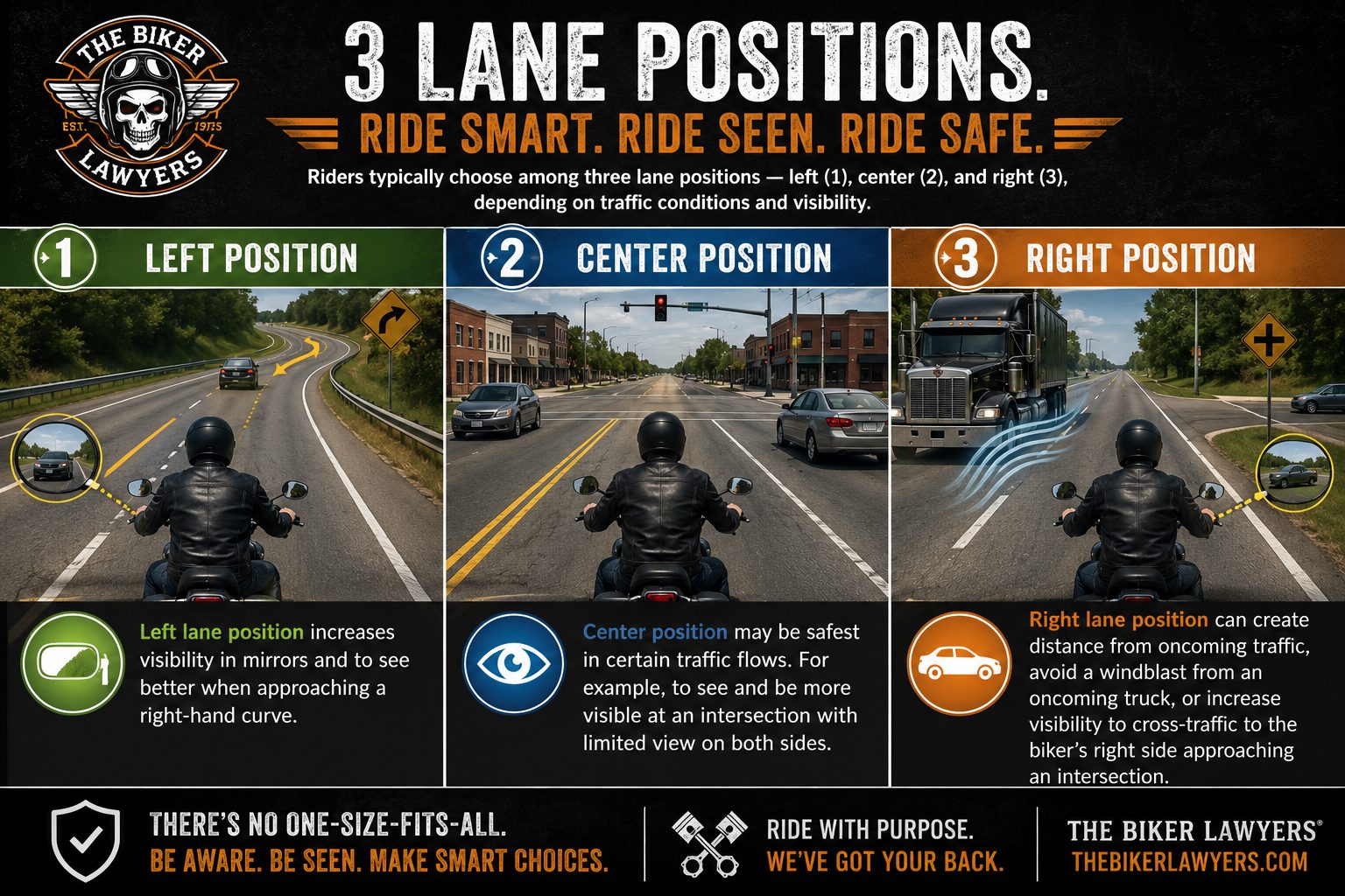 Motorcycle lane position infographic explaining how riders use the left, center, and right portions of a lane to improve visibility, avoid hazards, and stay safer in traffic.