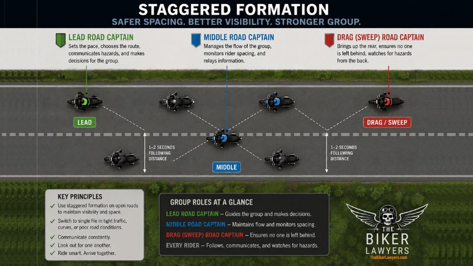 Top-down illustration of a staggered motorcycle group riding formation showing the Lead Road Captain at the front, Middle Road Captain in the center, and Drag or Sweep Road Captain at the back, with riders spaced across the lane for safer group riding.