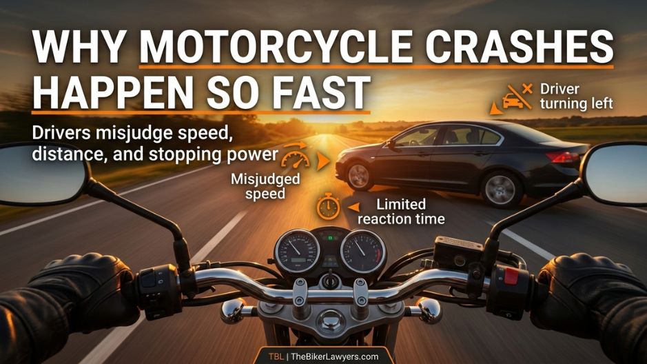 Rider’s view from a motorcycle on a highway as a car turns left ahead, with callouts about misjudged speed, limited reaction time, and driver distance perception.