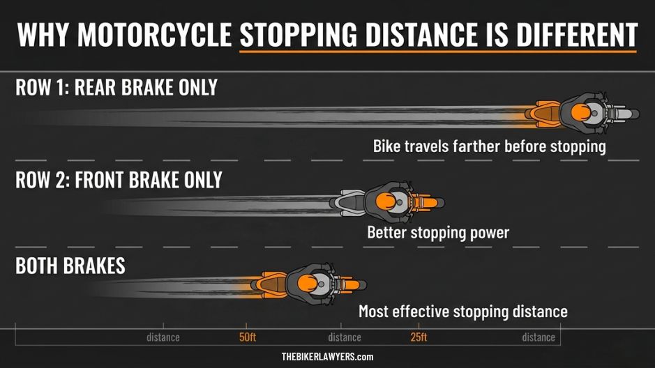 Infographic comparing motorcycle stopping distance using rear brake only, front brake only, and both brakes, showing that both brakes provide the most effective stopping distance.