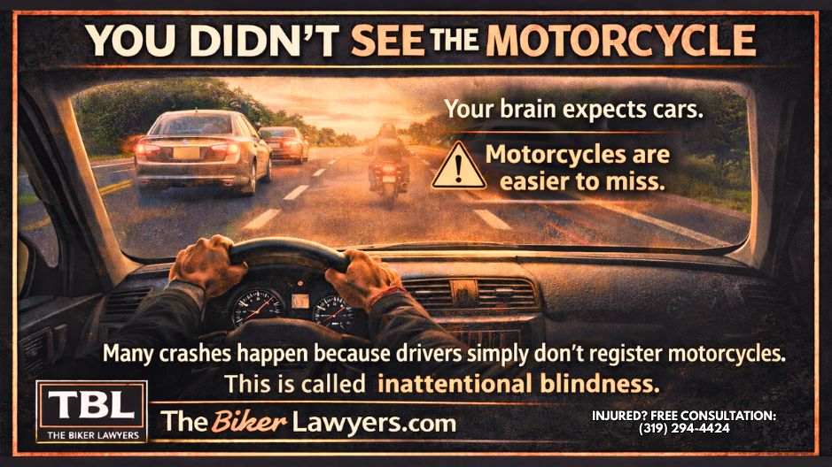 Driver’s view through a car windshield showing a motorcycle ahead in traffic, with text explaining inattentional blindness and how drivers can fail to register motorcycles.