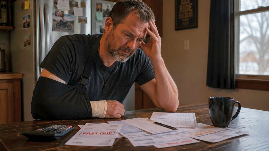 A man reviews his bills as they pile up due to inability to work after a severe personal injury.