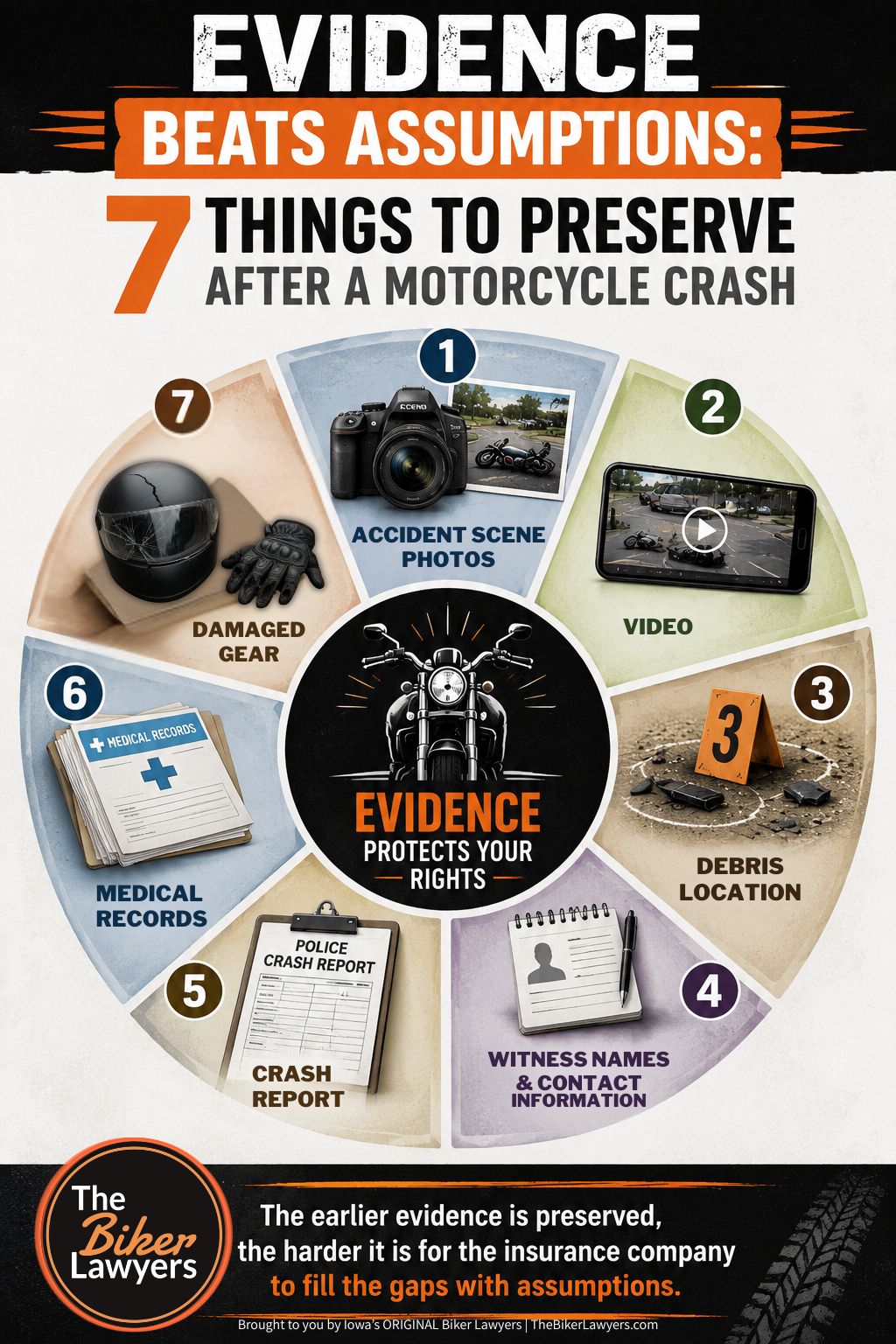 Infographic showing 7 things to preserve after a motorcycle crash: photos, video, debris location, witnesses, crash report, medical records, and damaged gear.