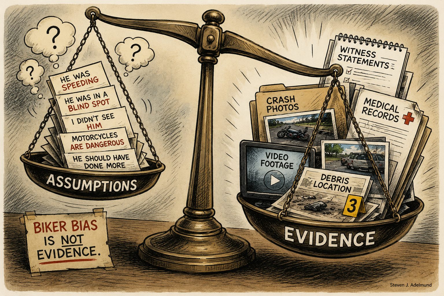 A political cartoon-style image showing the imbalance between Assumptions and facts in a motorcycle accident case.