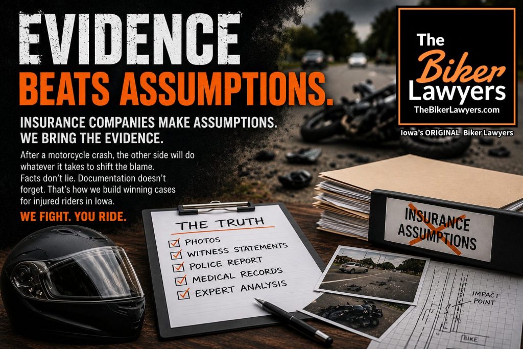 Graphic for The Biker Lawyers showing a motorcycle crash evidence theme with the headline “Evidence Beats Assumptions,” a blurred damaged motorcycle in the background, a helmet, case files, crash photos, medical records, witness statements, and insurance assumptions crossed out in orange.