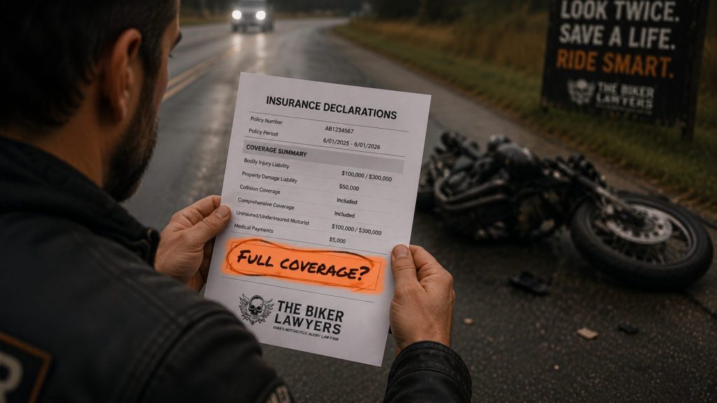 Injured motorcyclist reviewing an insurance declarations page beside a damaged motorcycle, representing coverage gaps after a serious Iowa motorcycle crash.