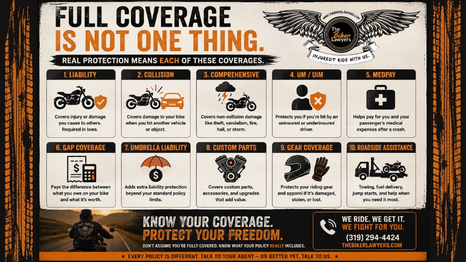 Diagram explaining that full coverage insurance may include separate coverages such as liability, collision, comprehensive, UM/UIM, MedPay, gap, umbrella, and motorcycle gear coverage.