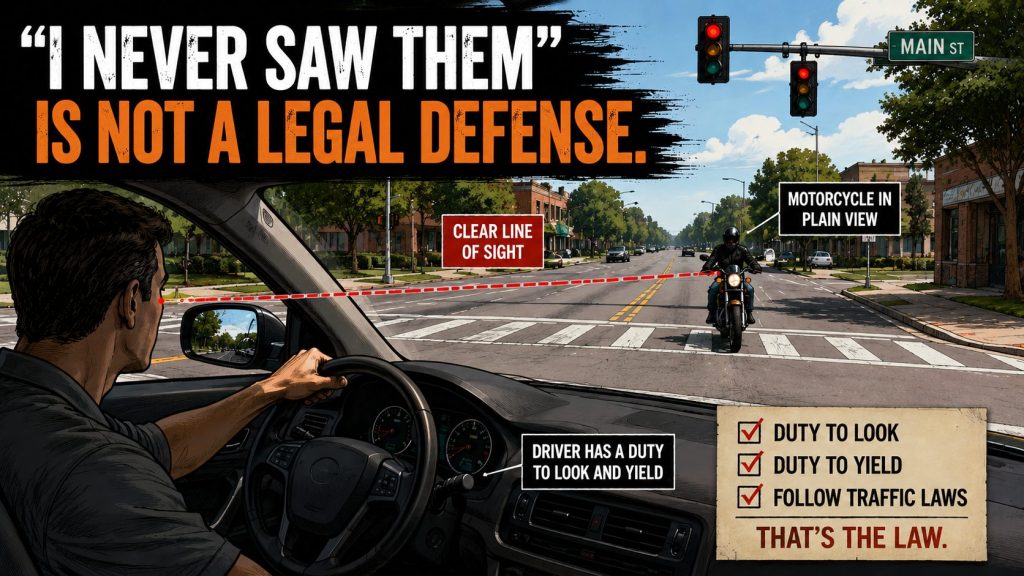 Illustration of a motorist driving a car with a clear line of sight to a motorcyclist on the other side of the intersection. Text reads