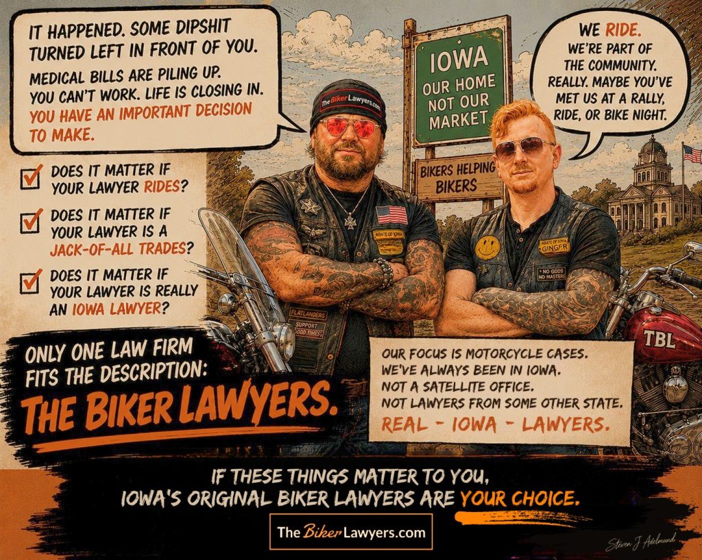 Political cartoon-style illustration of two tattooed biker lawyers standing with motorcycles in Iowa, highlighting The Biker Lawyers as local Iowa attorneys focused on motorcycle cases.