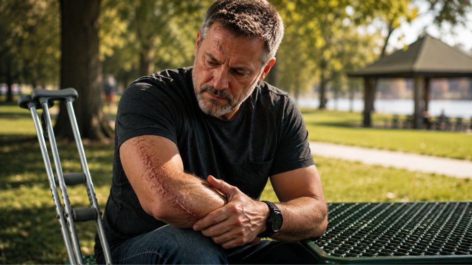 A man inspects his scars after a severe personal injury