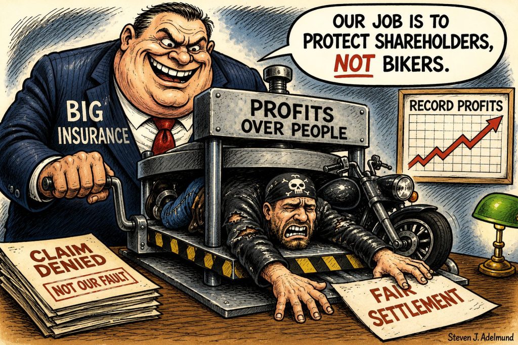 Political cartoon showing a large “Big Insurance” executive operating a press labeled “Profits Over People,” crushing an injured biker while denied claim papers and a record profits chart sit nearby.