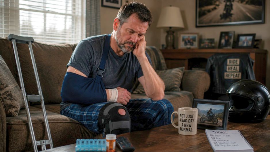 A man reviews his to-do list which contains medications and therapies after a severe personal injury