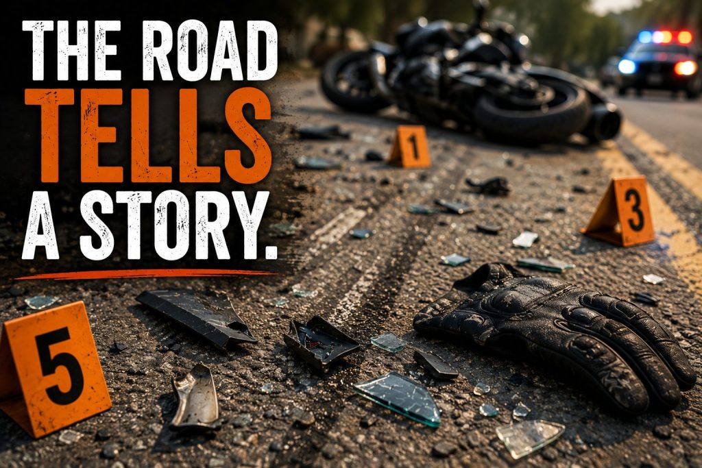 Photo of a motorycle crash scene with evidence markers and text The Road Tells A Story