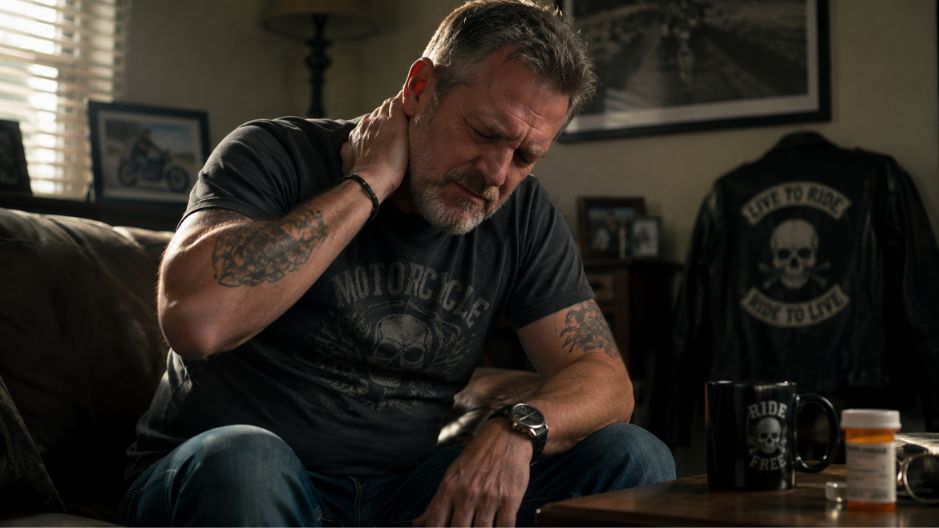 A man experiencing chronic neck pain due to a severe personal injury