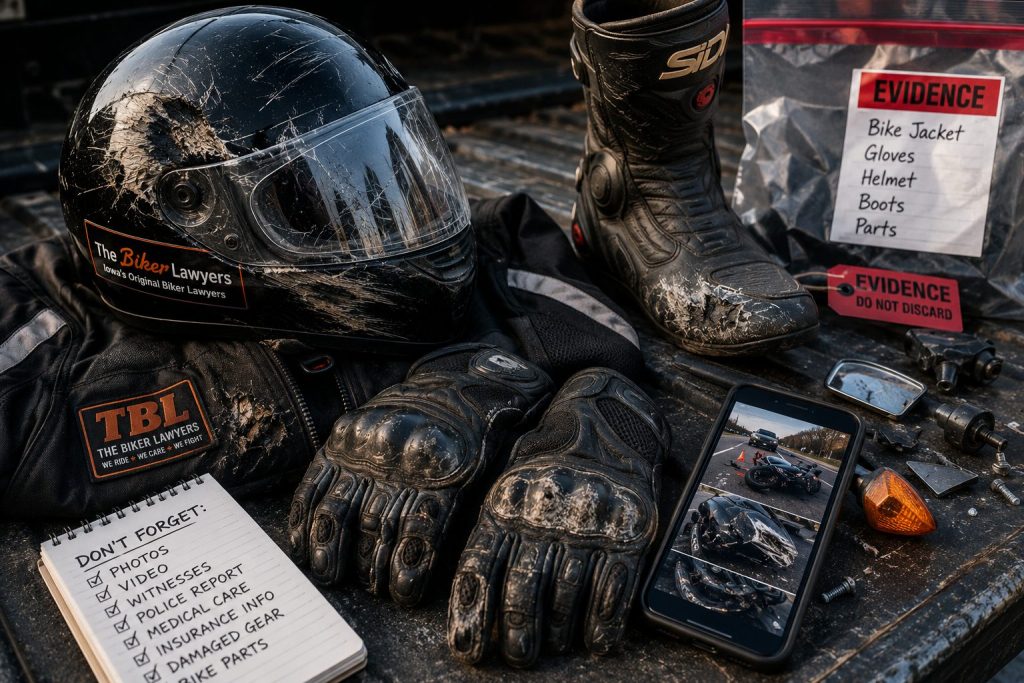 Damaged motorcycle helmet, riding gear, crash photos, and records preserved as evidence after a motorcycle crash.