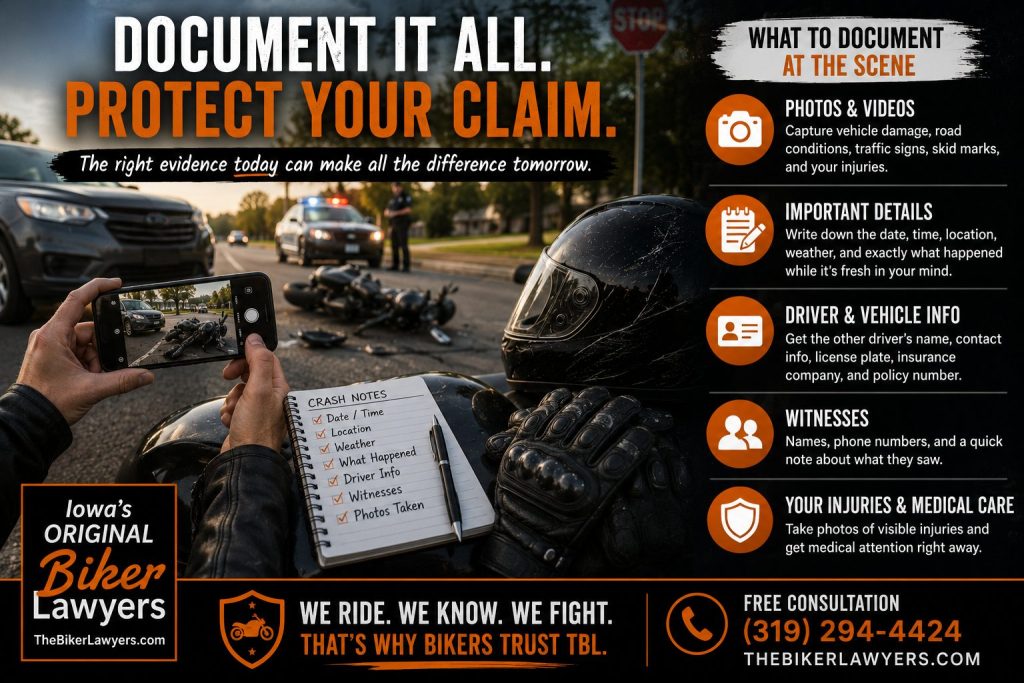 A crash scene checklist showing photos, vehicle information, witnesses, and medical care to document after an Iowa car crash.
