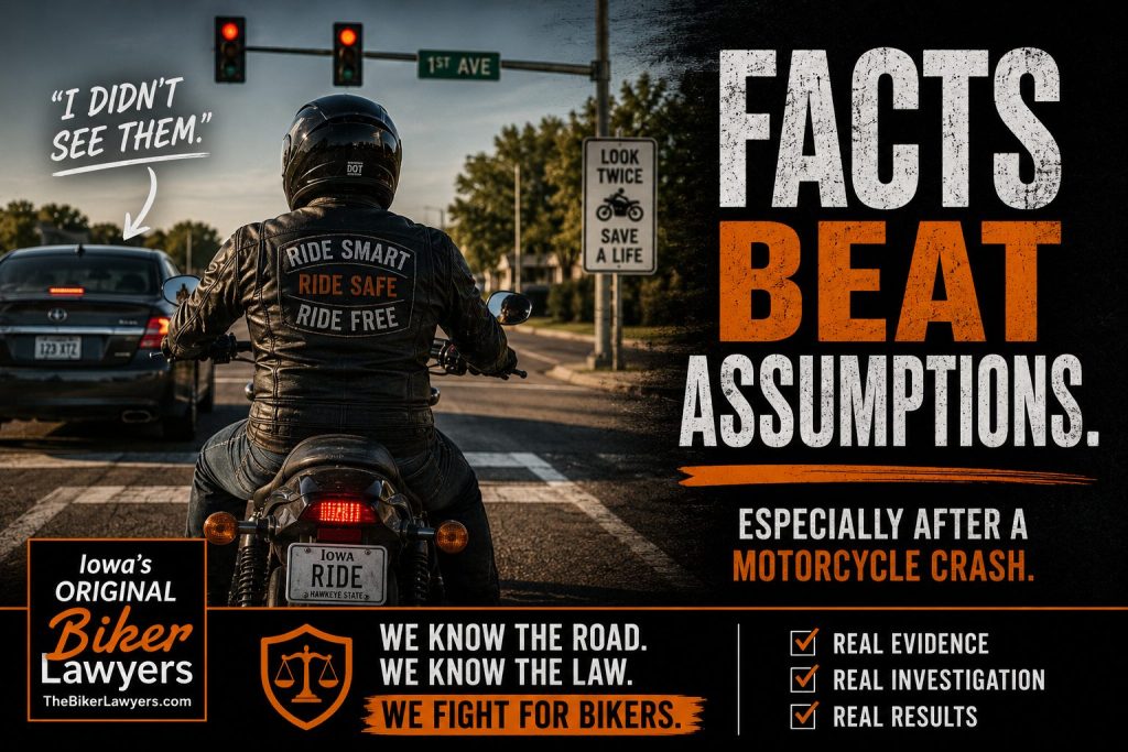 Motorcyclist at an intersection with the message Facts Beat Assumptions after a motorcycle crash.