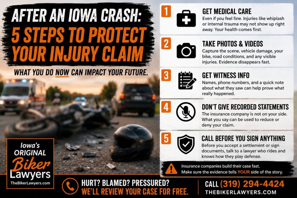 Five steps to protect an Iowa injury claim after a crash: get medical care, take photos, get witness information, avoid recorded statements, and call before signing.